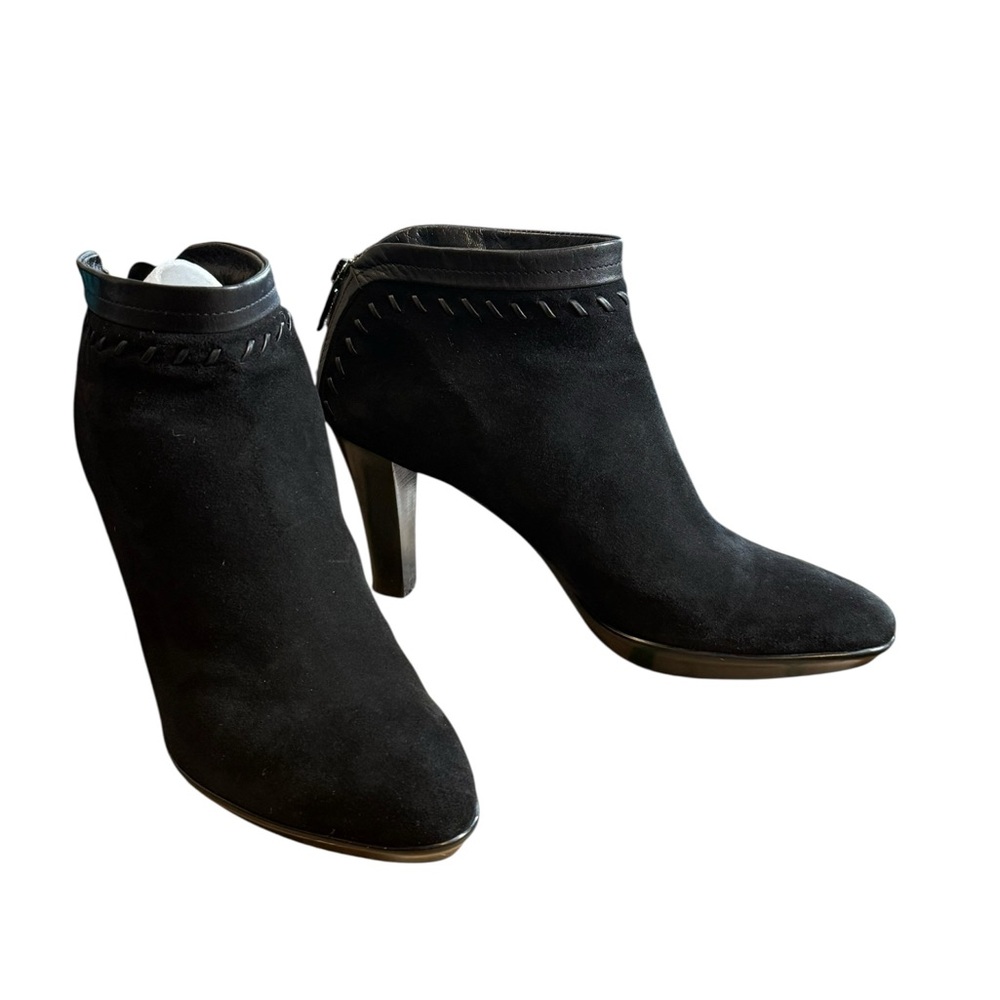Aquatalia Black Suede Whipstitch Ankle Booties Stiletto Heel Size 10 Made Italy